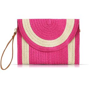 QTKJ Straw Clutch Purses for Women, Crossbody Bags, Hot Pink Purse Bohemian Handmade Envelope Package, Leather Wristbands, Summer Beach Handbags Suitable for Vacation Travel Daily Matching