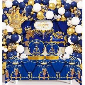 262PCS Royal Prince Baby Shower Decorations, Little Prince Party Supplies, Royal Blue Prince Disposable Dinnerware Set (24 Guest) with Napkins, Backdrop, Balloon Garland Kit, Tablecloth