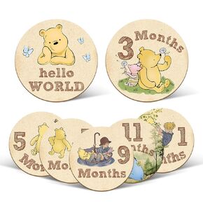7 Pcs Winnie Baby Monthly Milestone Markers, Double Sided Baby Months Wooden Signs with Storage Bag, Baby Monthly Announcement Wooden Discs, Pregnancy Baby Shower Gifts, Milestone Pictures of Newborn