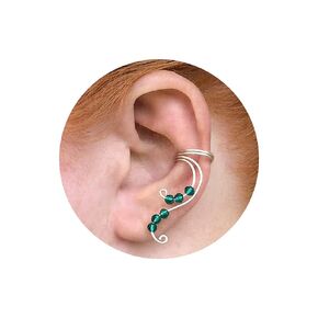 Fantasy-Inspired Fairy Ear Cuff Silver Earring for Non Pierced Elven Fake Cartilage Piercing with Emerald Blue Green Beads