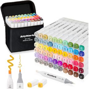 AnyMark Alcohol Markers Brush Tip, 60+1 Colors Dual Tip Brush & Chisel Alcohol-Based Art Markers Set with Case for Kids Adult Artists Drawing Coloring