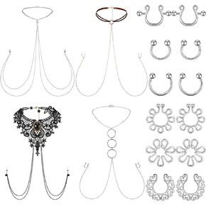 Landical 18 Pcs Fake Nipple Rings Non Piercing Bra Body Chain 316l Stainless Steel Non Piercing Nipple Rings Nipple Chain for Women Adjustable Bra Body Piercing Jewelry Set