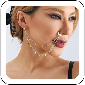 Zeshimb Punk Fake Nose Ring Hoop Crystal Rhinestone Nose Rings with Chain Tassel Non-Piercing Hollow Leaf Nose to Ear Chain Jewelry Indian Nose Ring Studs Nostril Body Accessories for Women Girls