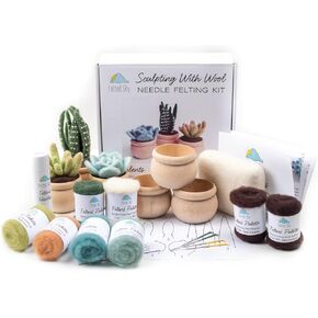 مجموعة أدوات التلبيد بإبرة السماء العصارية مع تعليمات الفيديو | تعلم كيفية النحت بالصوف | مناسب للمبتدئين للبالغين والمراهقين | تتضمن كل شيء لإنشاء 3 نباتات صناعية لطيفة in Kuwait