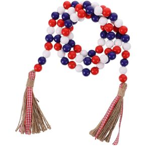 Wood Bead Garland with Rustic Tassels, Farmhouse Wall Hanging Prayer Beads Patriotic American Independence Day 4th of July Ornaments for Home Decor