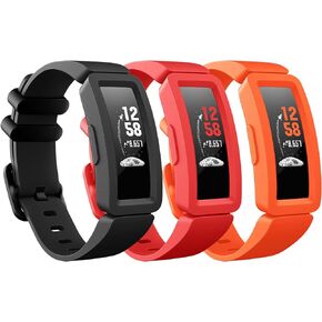 Compatible with Fitbit Ace 2 Bands for Kids 6+, 3-Pack Colorful Silicone Rubber Adjustable Replacement Sport Swim-Friendly Bands for Girls Boys, Lime+Orange+Red