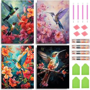 Santiway 4 Pack Hummingbird Diamond Art Kits for Adults&Kids 5D Diamond Art Kit for Beginners DIY Paint with Round Full Drill Gem Art Painting for Home Wall Decor Gifts (11.8x15.7inch)