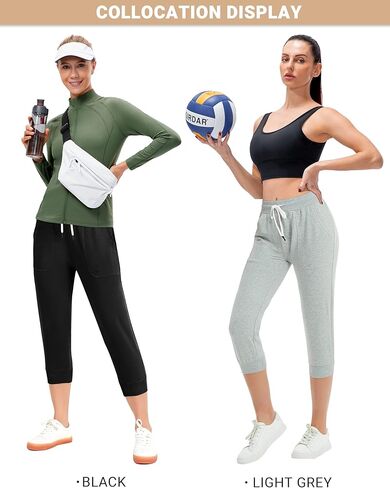 SPECIALMAGIC Women's Capri Sweatpants Cropped Jogger French Terry Running Pants with Side Pockets Black+ Light Grey 2XL in Saudi Arabia