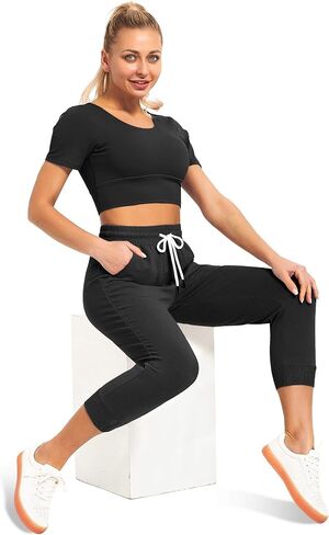 SPECIALMAGIC Women's Capri Sweatpants Cropped Jogger French Terry Running Pants with Side Pockets Black+ Light Grey 2XL in Saudi Arabia