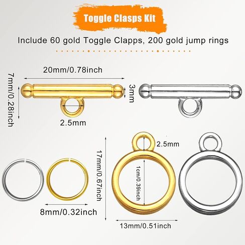 260 Pieces Toggle Clasps for Jewelry Making Include 60 Pairs Alloy Toggle Clasps Connectors Metal Bar and Snap Ring with 200 Pieces Open Rings(Gold, Silver) in Saudi Arabia