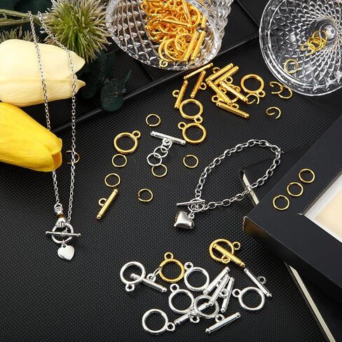 260 Pieces Toggle Clasps for Jewelry Making Include 60 Pairs Alloy Toggle Clasps Connectors Metal Bar and Snap Ring with 200 Pieces Open Rings(Gold, Silver) in Saudi Arabia