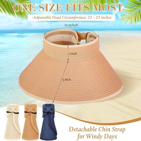 6 Pcs Foldable Straw Summer Beach Hat Wide Brim Ponytail Sun Visors for Women Adjustable Caps for Girls Travel in Saudi Arabia