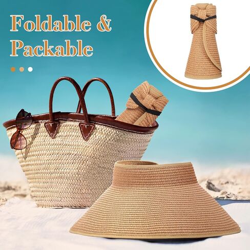 6 Pcs Foldable Straw Summer Beach Hat Wide Brim Ponytail Sun Visors for Women Adjustable Caps for Girls Travel in Saudi Arabia