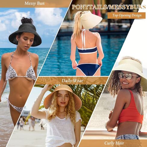 6 Pcs Foldable Straw Summer Beach Hat Wide Brim Ponytail Sun Visors for Women Adjustable Caps for Girls Travel in Saudi Arabia