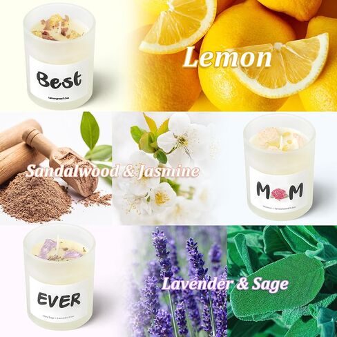 مجموعة شموع كريستال GROBRO7 مكونة من 3 قطع مع كريستالات علاجية وزهرة مجففة، أفضل هدايا عيد ميلاد للأم على الإطلاق للأم من الابنة والبنت والياسمين والليمون وخشب الصندل والمريمية واللافندر - شموع معطرة بشمع الصويا in Kuwait