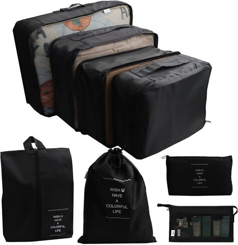 8 عبوات من مكعبات التعبئة من Gbateri - منظمات تعبئة أمتعة السفر - منظم أمتعة أساسيات السفر، تتضمن حقيبة أدوات الزينة، وحقيبة الغسيل، وحقيبة تخزين الأحذية، وحقائب تعبئة مريحة - أزرق داكن in Kuwait