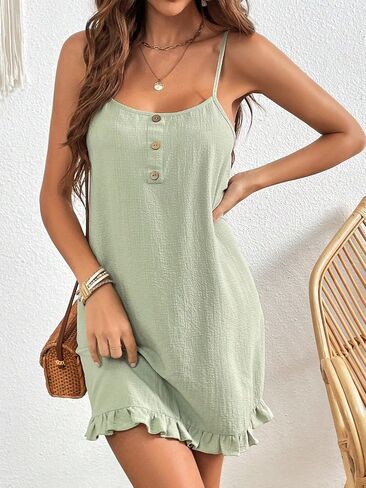 COZYEASE Women's Ruffle Hem Cami Mini Dress Button Down Spaghetti Strap Short Dresses in Saudi Arabia
