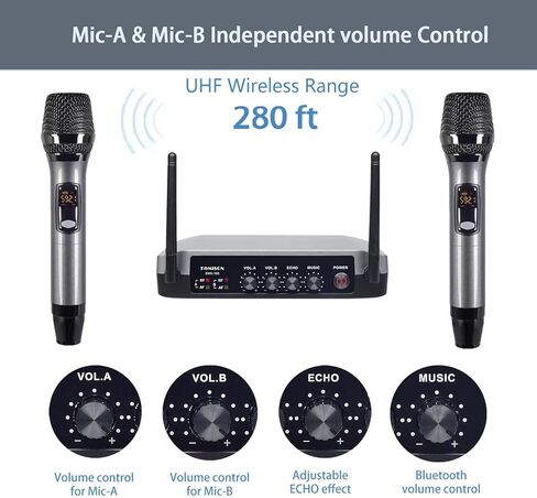 نظام ميكروفون كاريوكي لاسلكي محمول من كوميسون UHF مع صندوق ميكروفون لاسلكي مع جهاز استقبال بلوتوث معدني للغناء والكلام والكنيسة وحفلات الزفاف والمنزل KTV مجموعة، 280 قدم in Kuwait