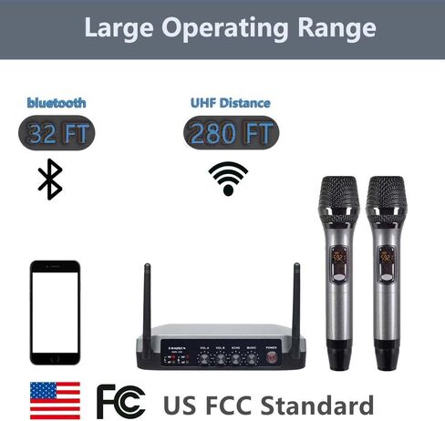 نظام ميكروفون كاريوكي لاسلكي محمول من كوميسون UHF مع صندوق ميكروفون لاسلكي مع جهاز استقبال بلوتوث معدني للغناء والكلام والكنيسة وحفلات الزفاف والمنزل KTV مجموعة، 280 قدم in Kuwait