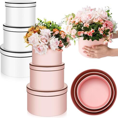 Cholemy Set of 6 Round Flower Boxes with Lid Three Sizes Nested Gift Box Luxury Flower Arrangement Boxes for Mother's Day Wedding Bridesmaids Graduation Birthday Baby Showers Gift(Pink, White) in Saudi Arabia