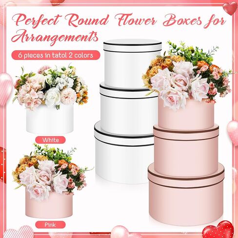 Cholemy Set of 6 Round Flower Boxes with Lid Three Sizes Nested Gift Box Luxury Flower Arrangement Boxes for Mother's Day Wedding Bridesmaids Graduation Birthday Baby Showers Gift(Pink, White) in Saudi Arabia