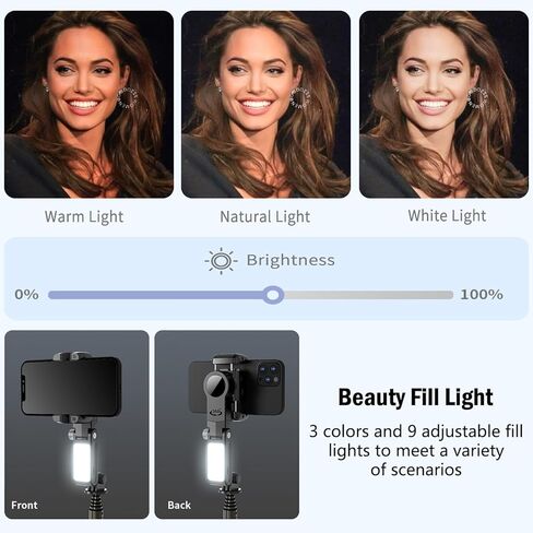 مثبت انحراف Korecase ثنائي المحور للهواتف الذكية مع حامل ثلاثي عصا سيلفي قابل للتمديد، حامل تتبع تلقائي للوجه بزاوية 360 درجة مع ضوء ملء وجهاز تحكم عن بعد لاسلكي لمدونات الفيديو، يوتيوب، تسجيل فيديو تيك توك in Kuwait