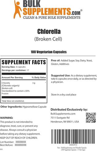 BULKSUPPLEMENTS.COM كبسولات الكلوريلا - الأطعمة الخضراء الفائقة - المكملات الغذائية الخضراء - كبسولات الكلوروفيل - حبوب الكلوريلا - 6 كبسولات لكل وجبة، جدار الخلية المكسور (100 كبسولة نباتية) in Kuwait