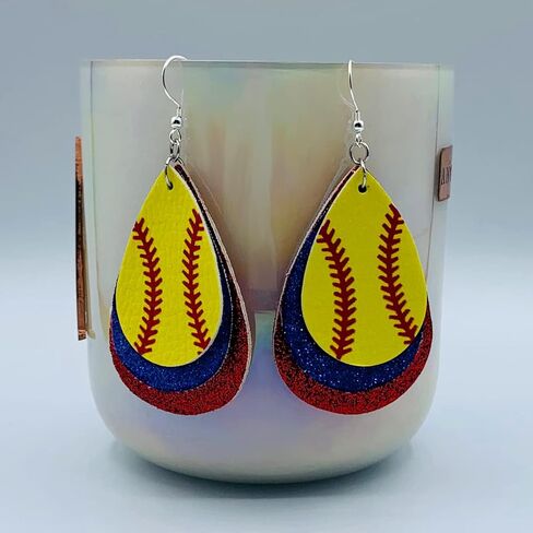 Softball Earrings for Women - Softball Jewelry - Softball Accessories for Girls - Softball Stuff - Faux Leather Softball Earring - Softball Mom Jewelry - Glitter Earrings in Saudi Arabia