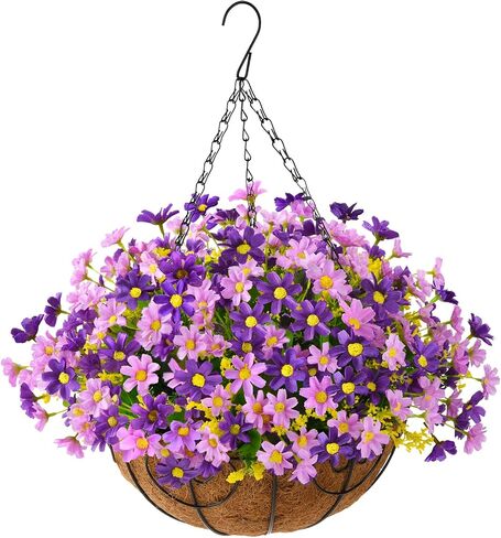 INQCMY Artificial Hanging Violet Flowers in Basket for Outdoors Summer Decor,Faux Silk Flower Arrangement,Artificial Coconut Lining Flowerpot Plant for Home Garden Decoration(Deep Purple) in Kuwait