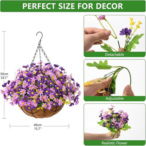 INQCMY Artificial Hanging Violet Flowers in Basket for Outdoors Summer Decor,Faux Silk Flower Arrangement,Artificial Coconut Lining Flowerpot Plant for Home Garden Decoration(Deep Purple) in Kuwait