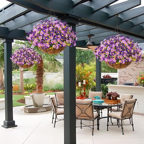 INQCMY Artificial Hanging Violet Flowers in Basket for Outdoors Summer Decor,Faux Silk Flower Arrangement,Artificial Coconut Lining Flowerpot Plant for Home Garden Decoration(Deep Purple) in Kuwait