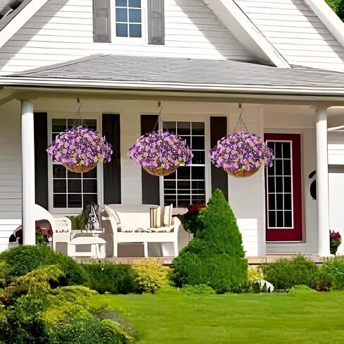 INQCMY Artificial Hanging Violet Flowers in Basket for Outdoors Summer Decor,Faux Silk Flower Arrangement,Artificial Coconut Lining Flowerpot Plant for Home Garden Decoration(Deep Purple) in Kuwait