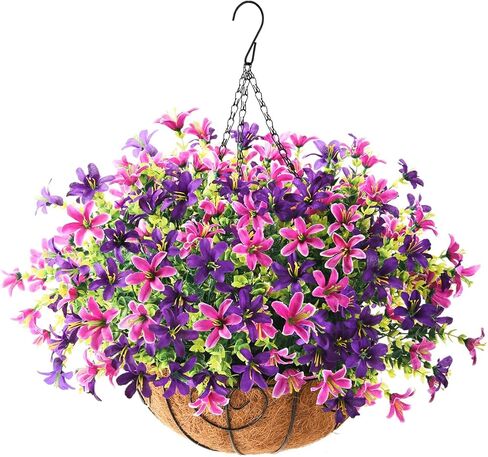 INQCMY Artificial Hanging Violet Flowers in Basket for Outdoors Summer Decor,Faux Silk Flower Arrangement,Artificial Coconut Lining Flowerpot Plant for Home Garden Decoration(Deep Purple) in Kuwait