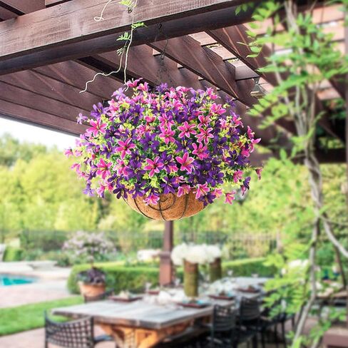 INQCMY Artificial Hanging Violet Flowers in Basket for Outdoors Summer Decor,Faux Silk Flower Arrangement,Artificial Coconut Lining Flowerpot Plant for Home Garden Decoration(Deep Purple) in Kuwait