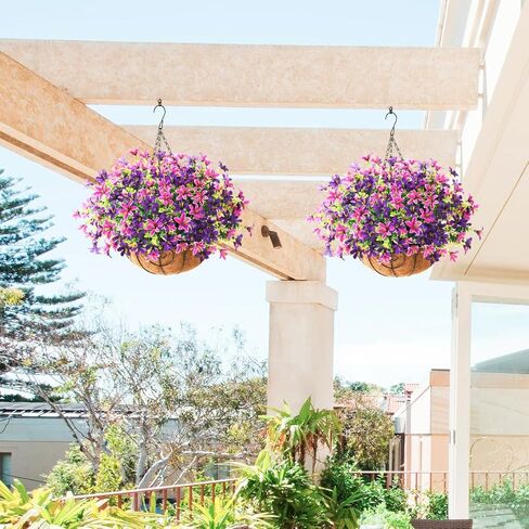 INQCMY Artificial Hanging Violet Flowers in Basket for Outdoors Summer Decor,Faux Silk Flower Arrangement,Artificial Coconut Lining Flowerpot Plant for Home Garden Decoration(Deep Purple) in Kuwait