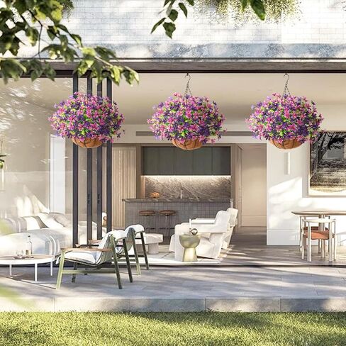 INQCMY Artificial Hanging Violet Flowers in Basket for Outdoors Summer Decor,Faux Silk Flower Arrangement,Artificial Coconut Lining Flowerpot Plant for Home Garden Decoration(Deep Purple) in Kuwait