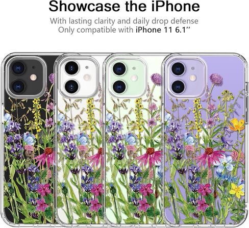 حافظة bicol لهاتف iPhone 11 مع واقي شاشة وواقي عدسة الكاميرا - تصميمات زهور زهرية عصرية للنساء والفتيات - غطاء هاتف شفاف من الأكريليك المقاوم للصدمات مقاس 6.1 بوصات - زهور متفتحة in Kuwait