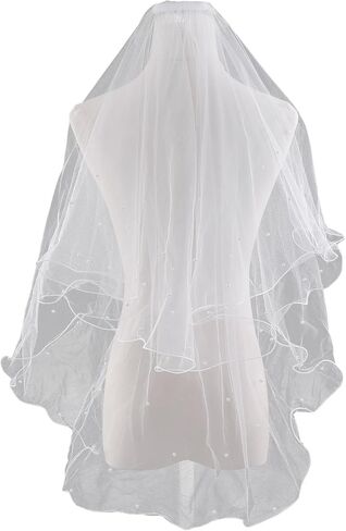 OYOANGLE Women's 2 Tier Pearl Beaded Wedding Bridal Veil Bachelorette Party Tulle Veils with Comb in Saudi Arabia
