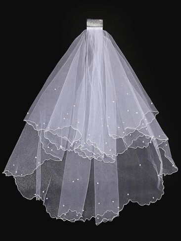 OYOANGLE Women's 2 Tier Pearl Beaded Wedding Bridal Veil Bachelorette Party Tulle Veils with Comb in Saudi Arabia