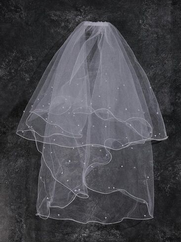 OYOANGLE Women's 2 Tier Pearl Beaded Wedding Bridal Veil Bachelorette Party Tulle Veils with Comb in Saudi Arabia