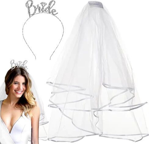 RhinestoneSash Bride Veil Bachelorette Party - Short White Bridal Veils for Women Wedding - Bride to Be Outfit Accessories in Kuwait