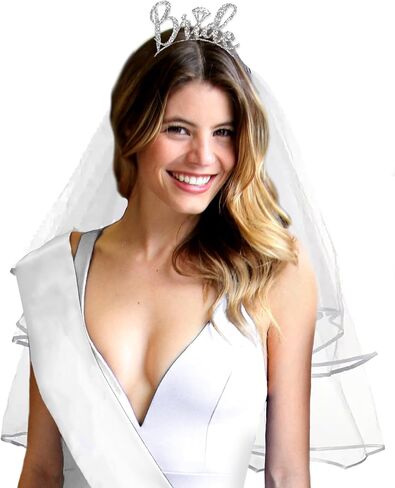 RhinestoneSash Bride Veil Bachelorette Party - Short White Bridal Veils for Women Wedding - Bride to Be Outfit Accessories in Kuwait