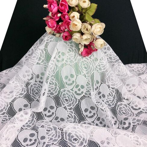 60 * 144 inches Lace Fabric, 4 Yard Black Skull Pettern Lace Fabric, 4 yd Non-Stretchy Lace, Soft Rose Design Lace Material for Home Decoration, Sewing Fabric Design (60x144 inch Black) in Saudi Arabia