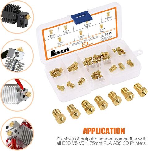 Rustark 30pcs 3D Printer Nozzle kit Brass J-Head Extruder Print Heads 0.2mm 0.3mm 0.4mm 0.5mm 0.6mm 0.8mm 1mm Tools with 2 Pack Spanner for V5 V6 Nozzles Replacement Removal in Saudi Arabia
