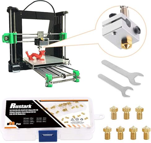 Rustark 30pcs 3D Printer Nozzle kit Brass J-Head Extruder Print Heads 0.2mm 0.3mm 0.4mm 0.5mm 0.6mm 0.8mm 1mm Tools with 2 Pack Spanner for V5 V6 Nozzles Replacement Removal in Saudi Arabia