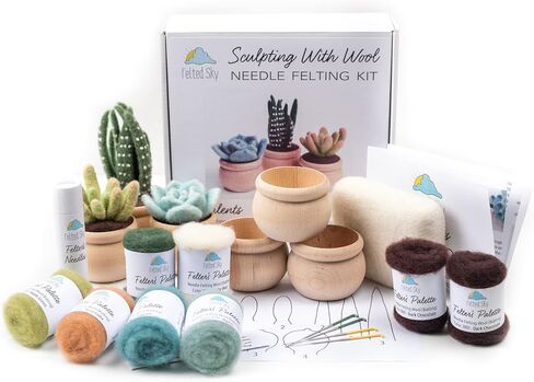 مجموعة أدوات التلبيد بإبرة السماء العصارية مع تعليمات الفيديو | تعلم كيفية النحت بالصوف | مناسب للمبتدئين للبالغين والمراهقين | تتضمن كل شيء لإنشاء 3 نباتات صناعية لطيفة in Kuwait