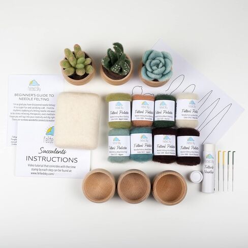 مجموعة أدوات التلبيد بإبرة السماء العصارية مع تعليمات الفيديو | تعلم كيفية النحت بالصوف | مناسب للمبتدئين للبالغين والمراهقين | تتضمن كل شيء لإنشاء 3 نباتات صناعية لطيفة in Kuwait