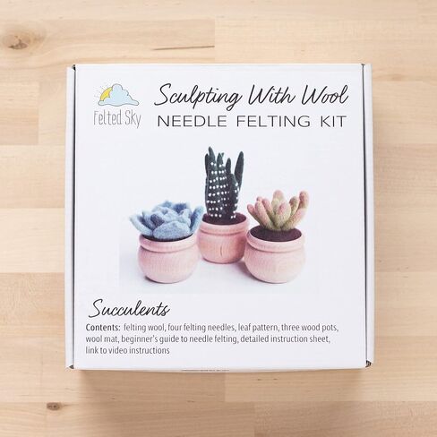 مجموعة أدوات التلبيد بإبرة السماء العصارية مع تعليمات الفيديو | تعلم كيفية النحت بالصوف | مناسب للمبتدئين للبالغين والمراهقين | تتضمن كل شيء لإنشاء 3 نباتات صناعية لطيفة in Kuwait