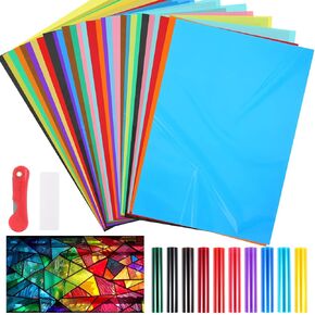 20 Sheet 10 Colors Window Film Transparent Decorative Glass Film Self-Adhesive Window Tinting with Knives and Scrapers for DIY Party Home Decoration A4 Sample 21 cm x 30 cm in Kuwait