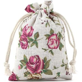 50PCS Jewelry Burlap Bags with Drawstring Mini Rose Flower Pouch Linen Gift Bags for Wedding Favors Party and DIY Craft (4X6Inches) in Kuwait